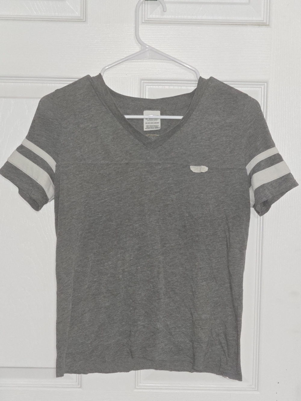PINK Victoria's Secret Gray V-Neck Short Sleeve Tee with White Sleeve Stripes